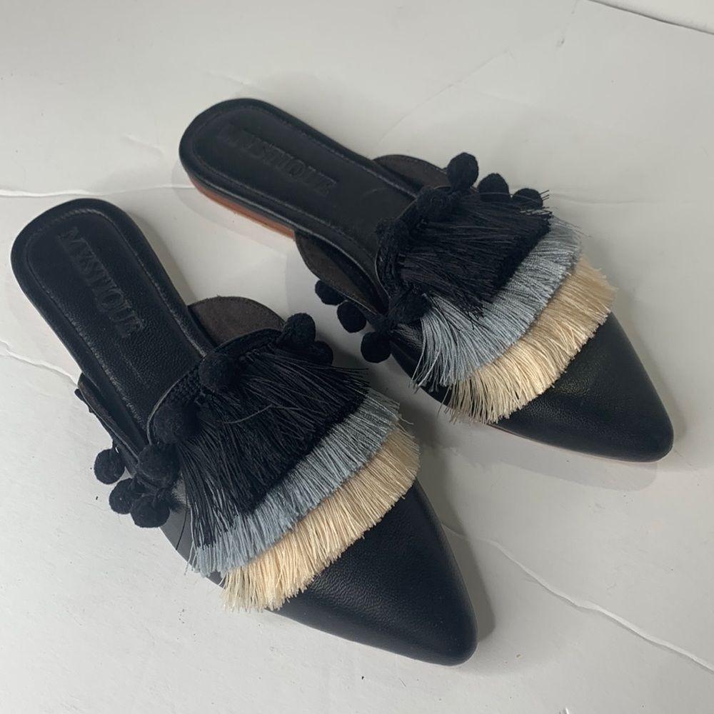 Mystique black fringed Pom Pom pointed toe flats NWOB